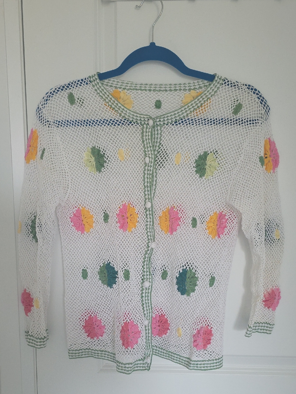 Handmade Crochet Cardigan with Pink, Yellow & Green Floral Accents